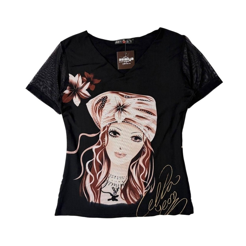 Mossy bedazzled face graphic micro mesh top